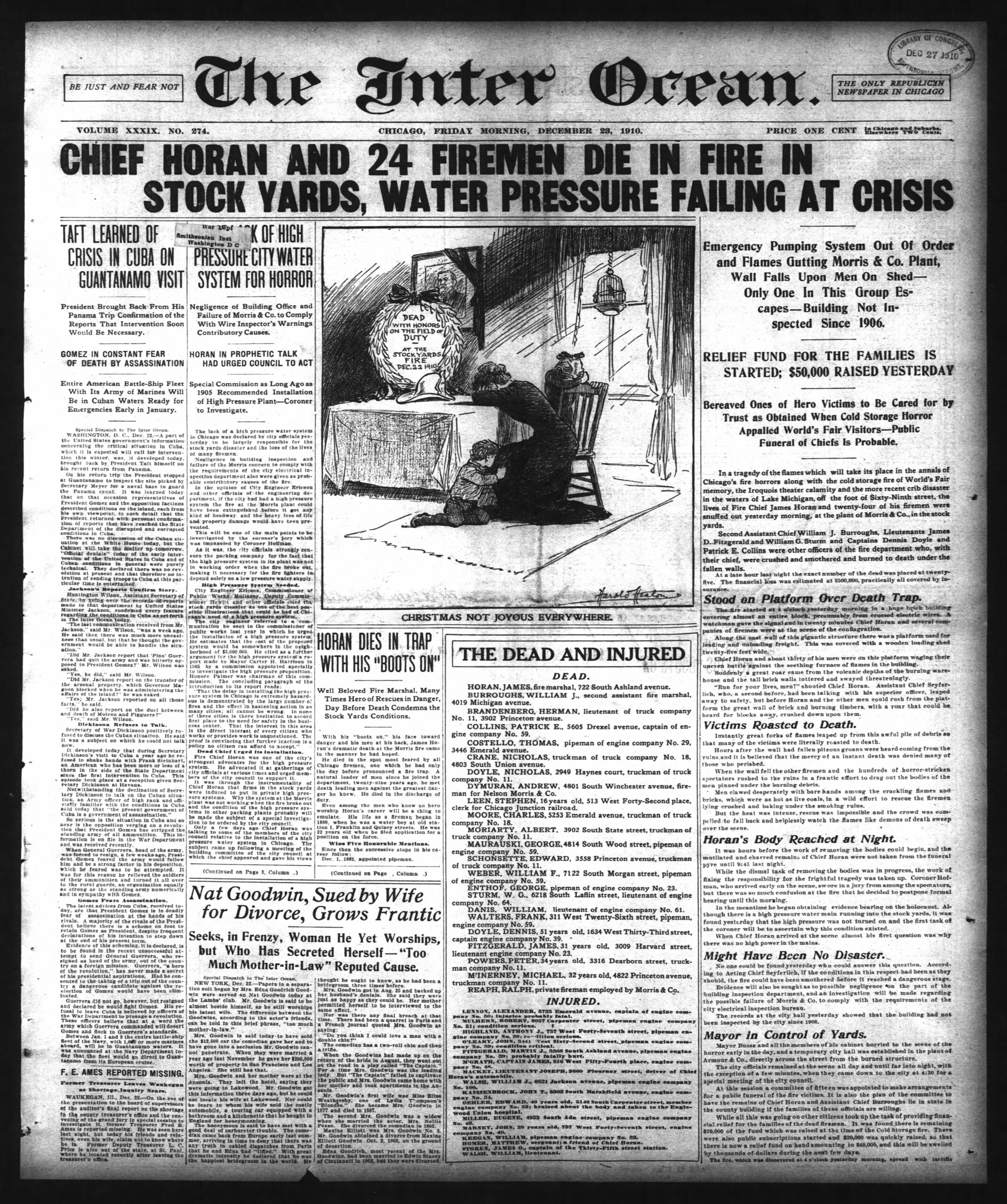 Front page of The Inter Ocean, 23 December 1910, reporting Chief Horan’s death in the Stock Yards fire.