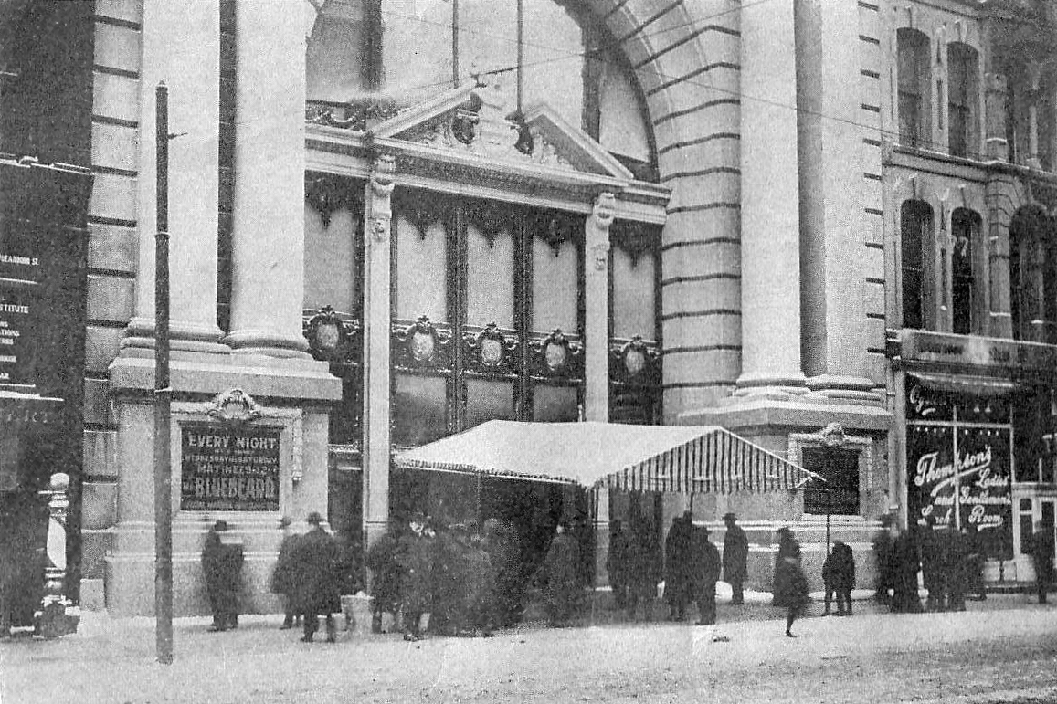 The Iroquois Theatre, Chicago, 1903, street front with canopy and signboard.