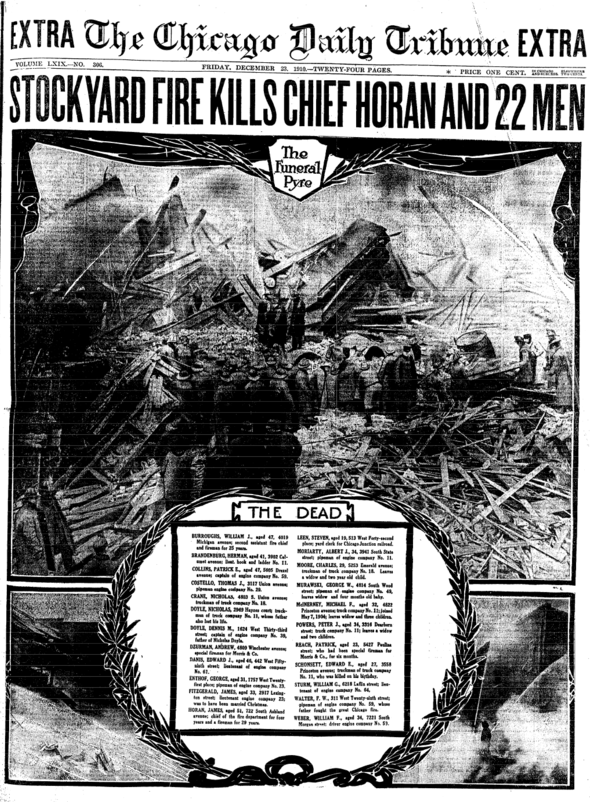 Chicago Tribune illustration of the 1910 Union Stock Yards fire, showing the packinghouse blaze and firefighters.